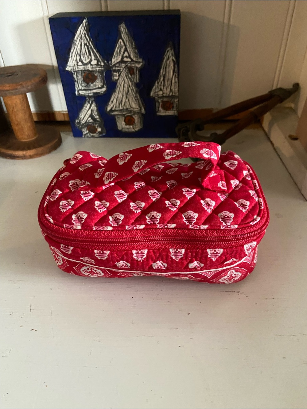 Quilted Red Patterned Cosmetic Case